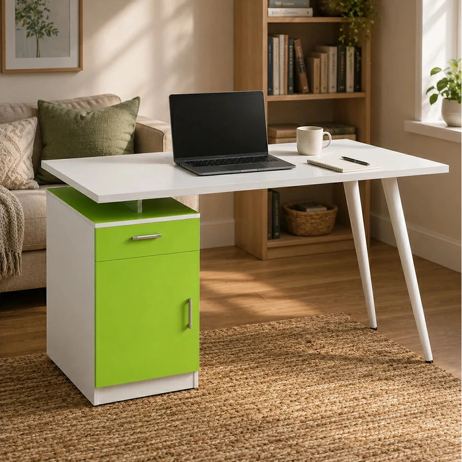 LIVARA Office Desk with Left Cabinet 120cm Workstation with Cable Management, E1 Board & White Frame - Green & White