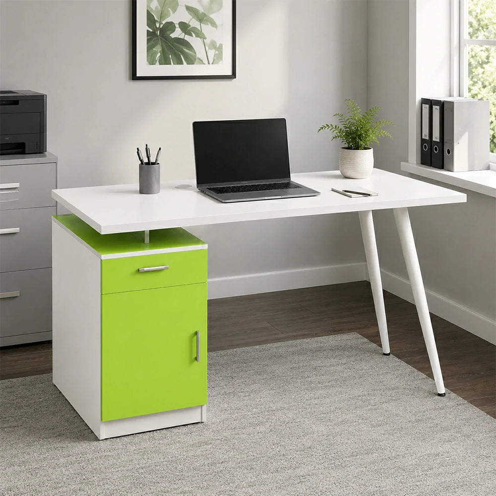 LIVARA Office Desk with Left Cabinet 120cm Workstation with Cable Management, E1 Board & White Frame - Green & White