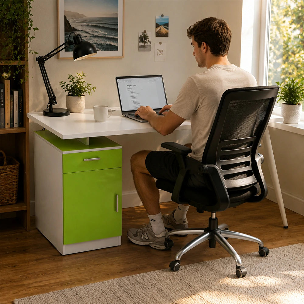 LIVARA Office Desk with Left Cabinet 120cm Workstation with Cable Management, E1 Board & White Frame - Green & White