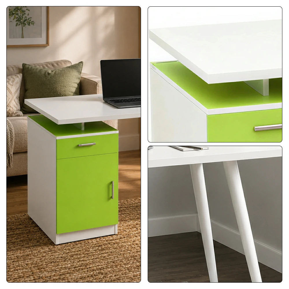 LIVARA Office Desk with Left Cabinet 120cm Workstation with Cable Management, E1 Board & White Frame - Green & White