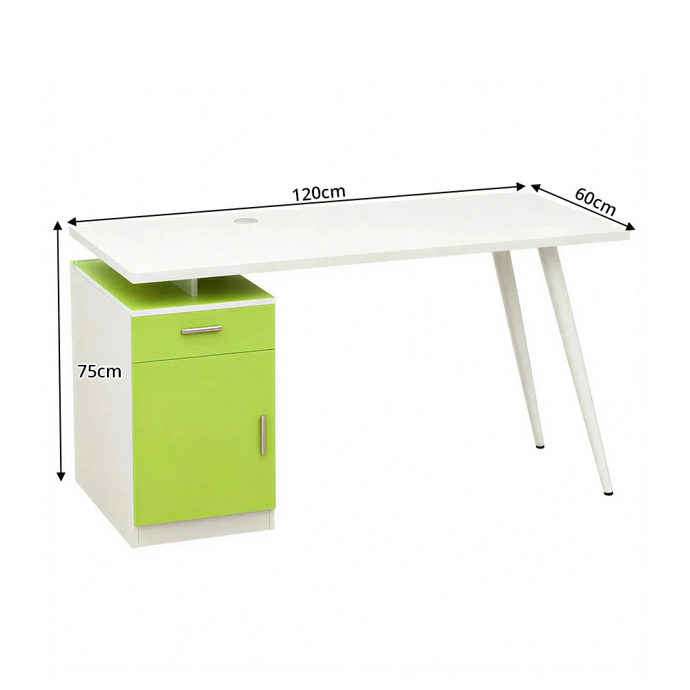 LIVARA Office Desk with Left Cabinet 120cm Workstation with Cable Management, E1 Board & White Frame - Green & White