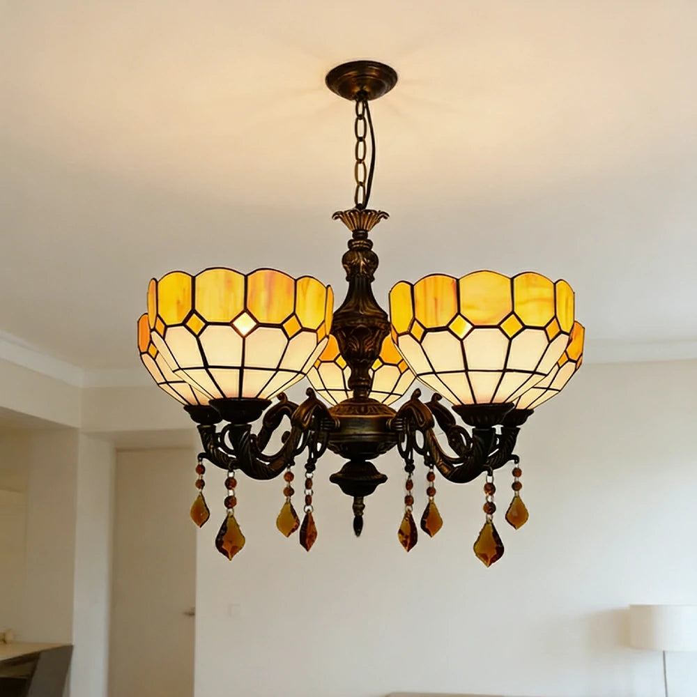 LIVARA Vintage European Stained Glass Chandelier Artistic Pendant Light 63x80cm for Dining Room Living Space - Orange