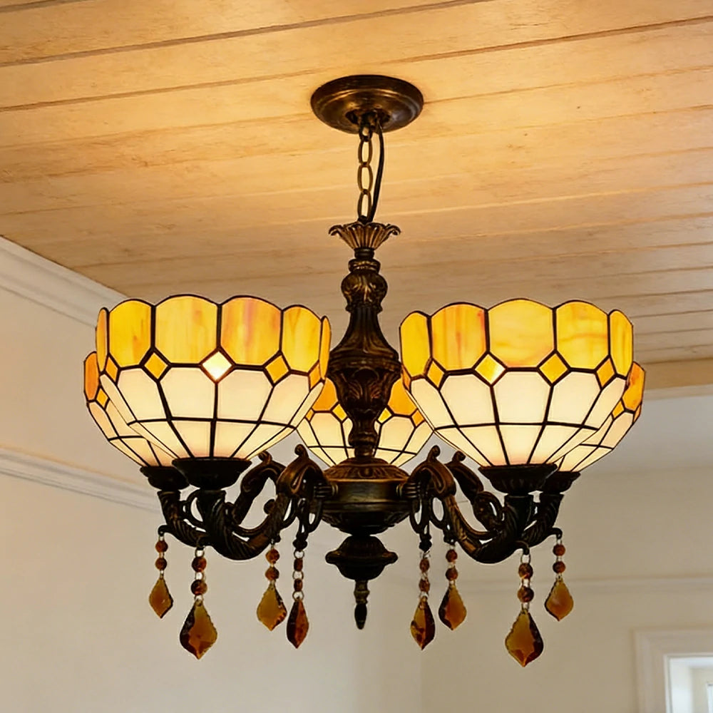 LIVARA Vintage European Stained Glass Chandelier Artistic Pendant Light 63x80cm for Dining Room Living Space - Orange