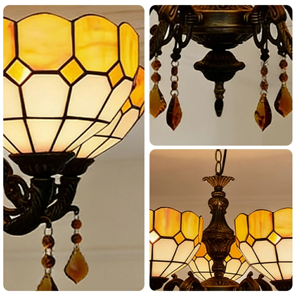 LIVARA Vintage European Stained Glass Chandelier Artistic Pendant Light 63x80cm for Dining Room Living Space - Orange