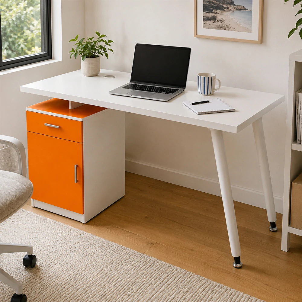 LIVARA Office Desk with Left Cabinet 120cm Workstation with Cable Management, E1 Board & White Frame - Orange & White