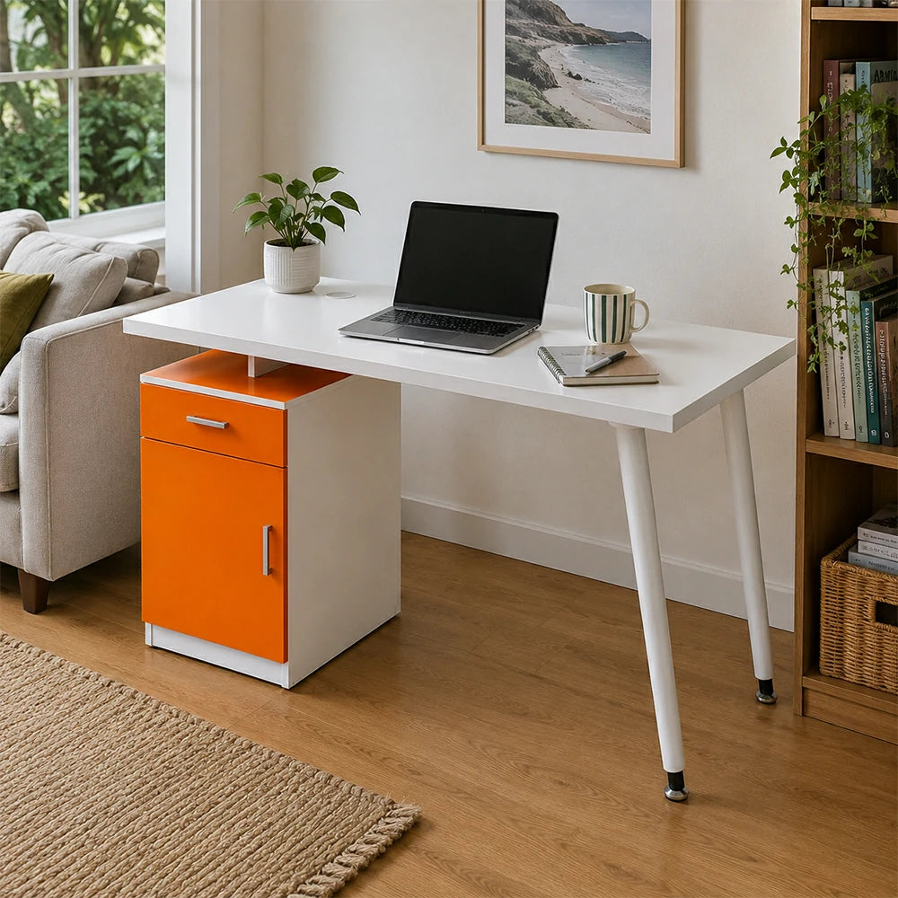 LIVARA Office Desk with Left Cabinet 120cm Workstation with Cable Management, E1 Board & White Frame - Orange & White