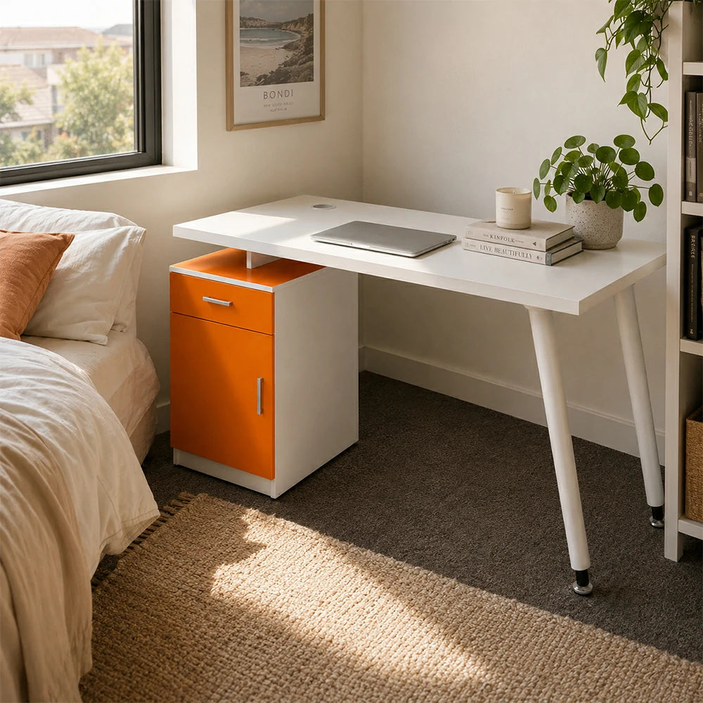 LIVARA Office Desk with Left Cabinet 120cm Workstation with Cable Management, E1 Board & White Frame - Orange & White