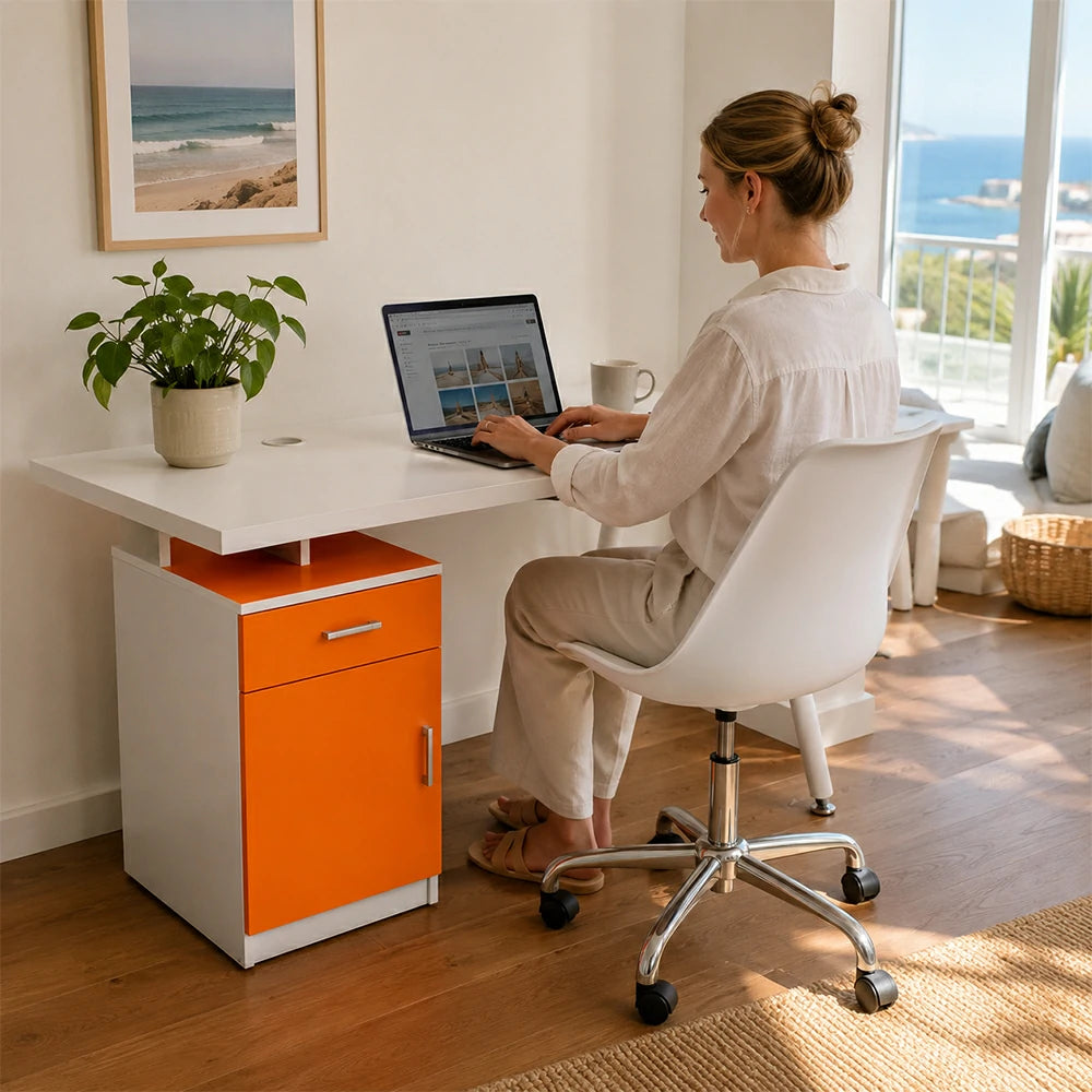 LIVARA Office Desk with Left Cabinet 120cm Workstation with Cable Management, E1 Board & White Frame - Orange & White