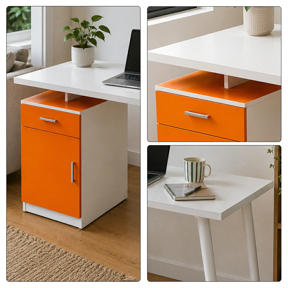 LIVARA Office Desk with Left Cabinet 120cm Workstation with Cable Management, E1 Board & White Frame - Orange & White