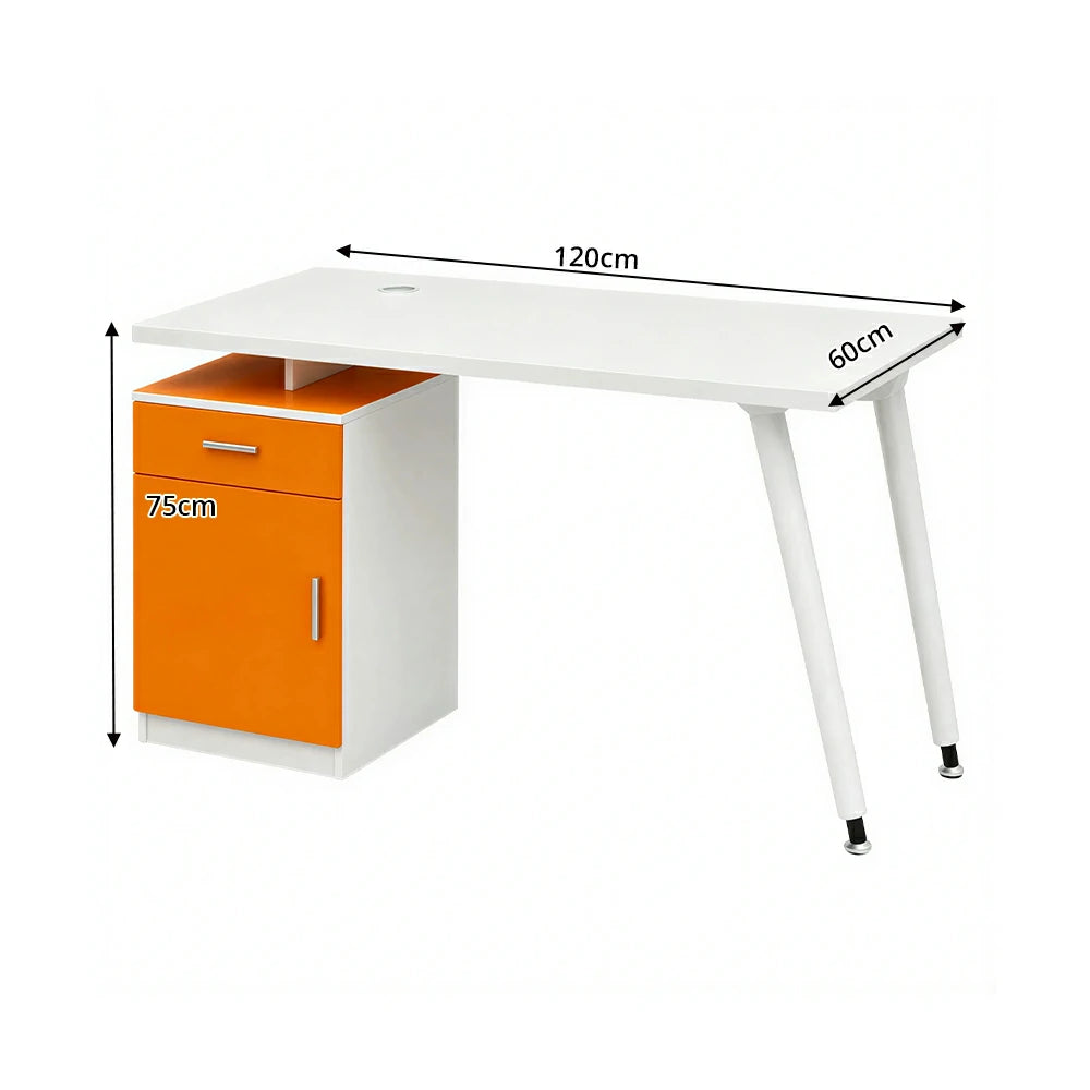 LIVARA Office Desk with Left Cabinet 120cm Workstation with Cable Management, E1 Board & White Frame - Orange & White