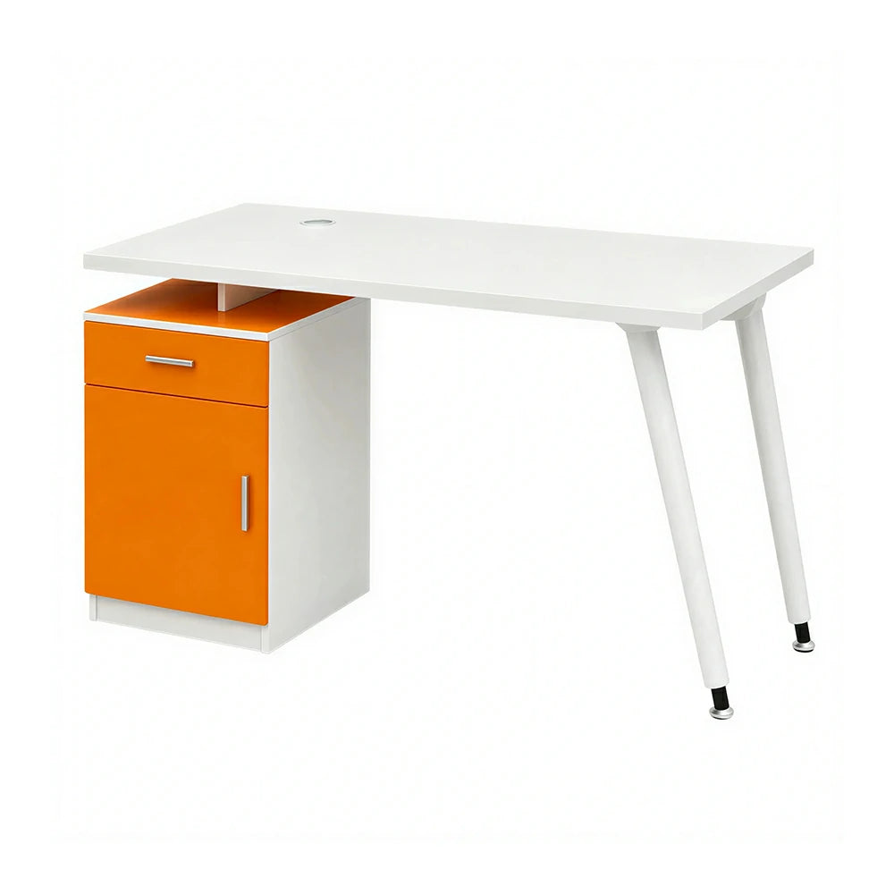 LIVARA Office Desk with Left Cabinet 120cm Workstation with Cable Management, E1 Board & White Frame - Orange & White
