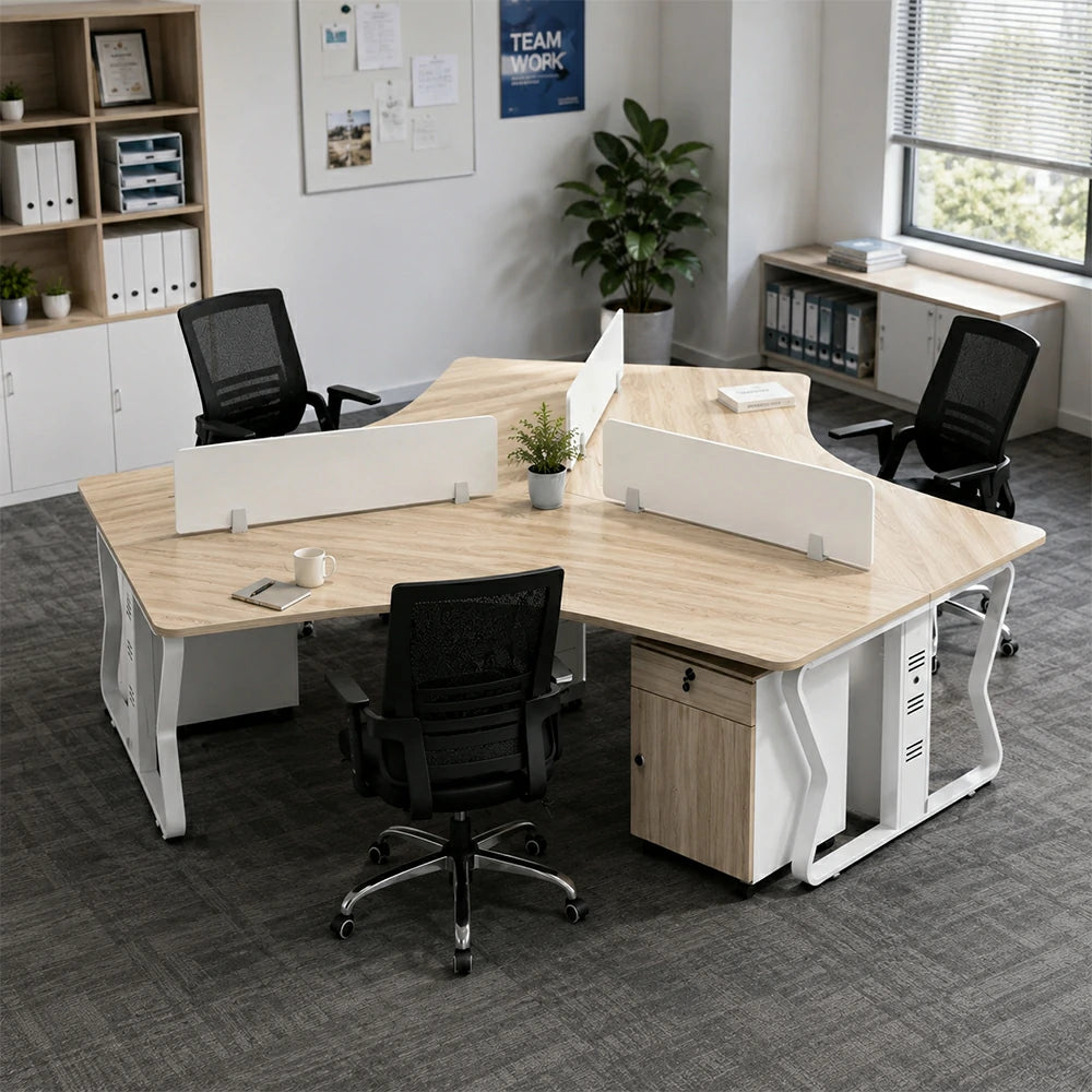 LIVARA 3-Person Office Workstation Set - V-Shaped Desk with 3 Chairs, 3 Mobile Cabinets, Cable Management & Steel Frame