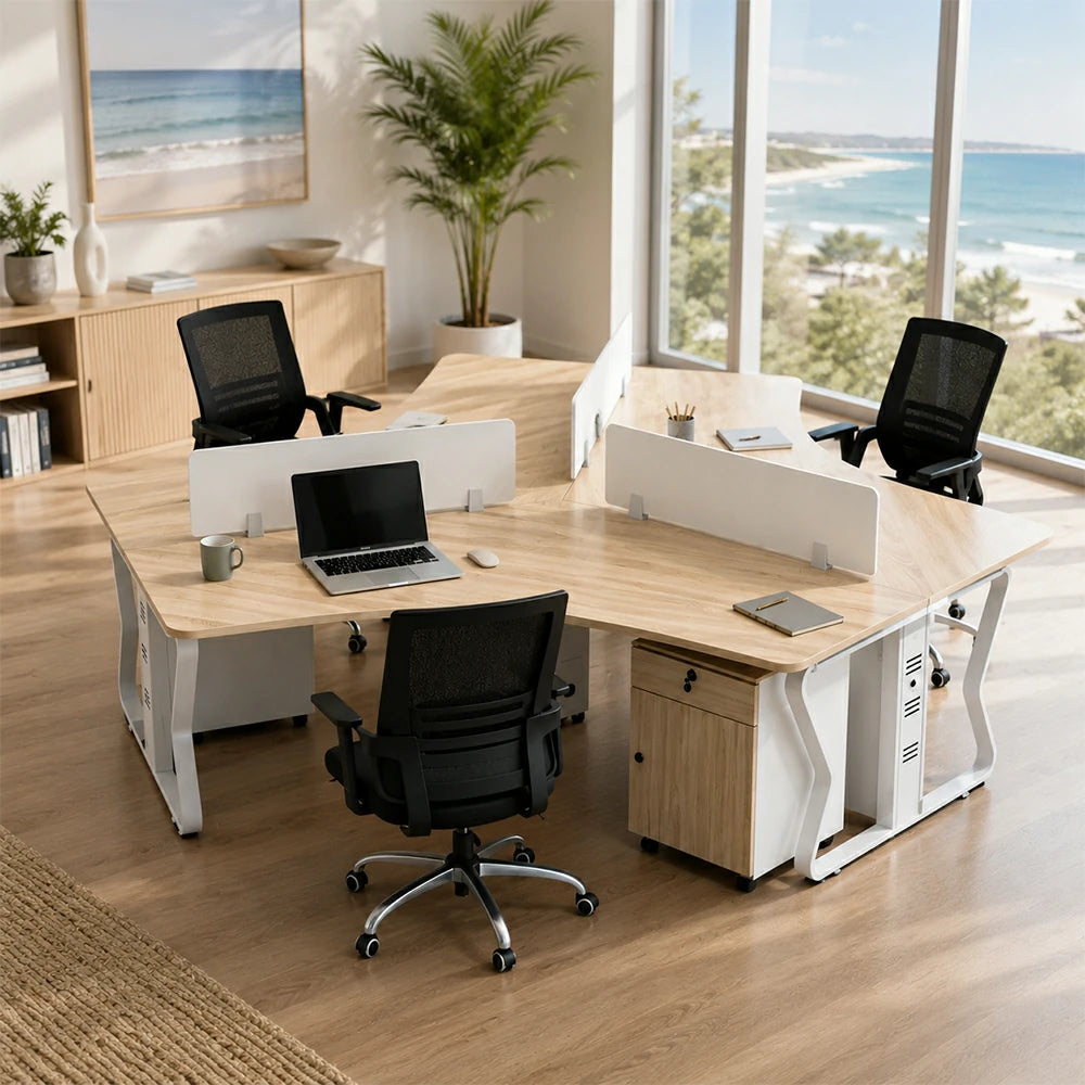 LIVARA 3-Person Office Workstation Set - V-Shaped Desk with 3 Chairs, 3 Mobile Cabinets, Cable Management & Steel Frame