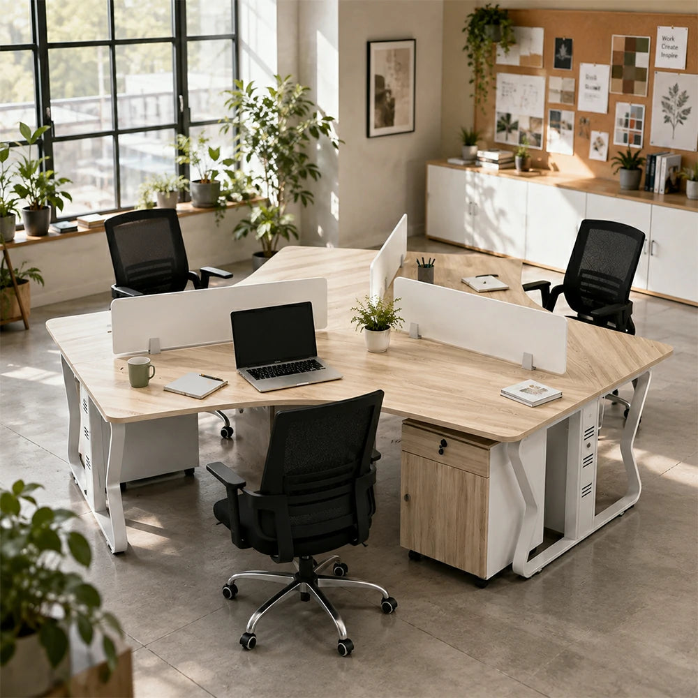 LIVARA 3-Person Office Workstation Set - V-Shaped Desk with 3 Chairs, 3 Mobile Cabinets, Cable Management & Steel Frame