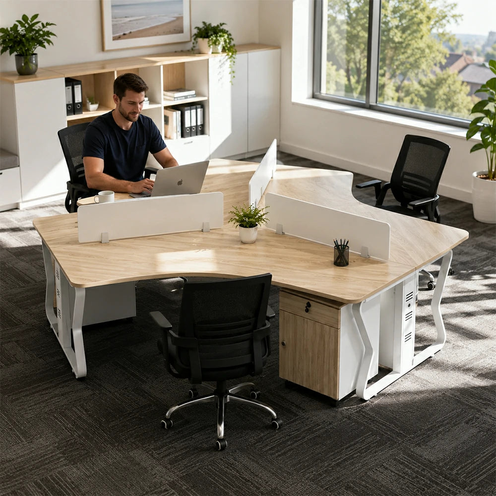 LIVARA 3-Person Office Workstation Set - V-Shaped Desk with 3 Chairs, 3 Mobile Cabinets, Cable Management & Steel Frame