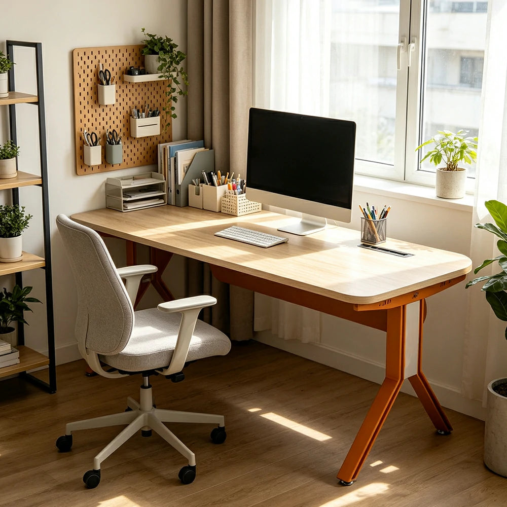 LIVARA 140/160/180cm Executive Office Desk with Dual-Sided Power Socket, Cable Management & Steel Frame - Wood Grain & Brown
