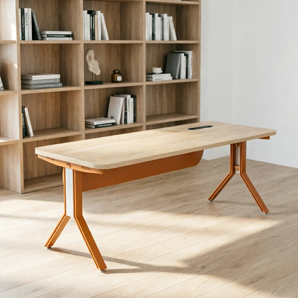 LIVARA 140/160/180cm Executive Office Desk with Dual-Sided Power Socket, Cable Management & Steel Frame - Wood Grain & Brown