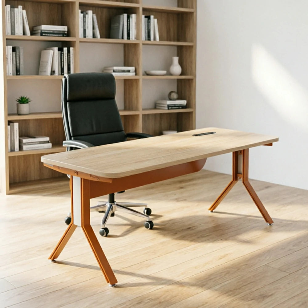 LIVARA 140/160/180cm Executive Office Desk with Dual-Sided Power Socket, Cable Management & Steel Frame - Wood Grain & Brown