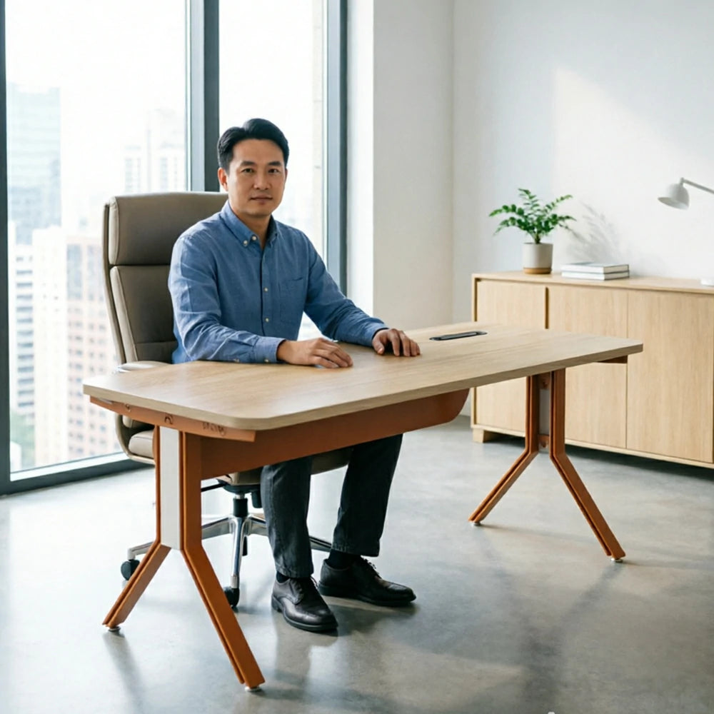 LIVARA 140/160/180cm Executive Office Desk with Dual-Sided Power Socket, Cable Management & Steel Frame - Wood Grain & Brown
