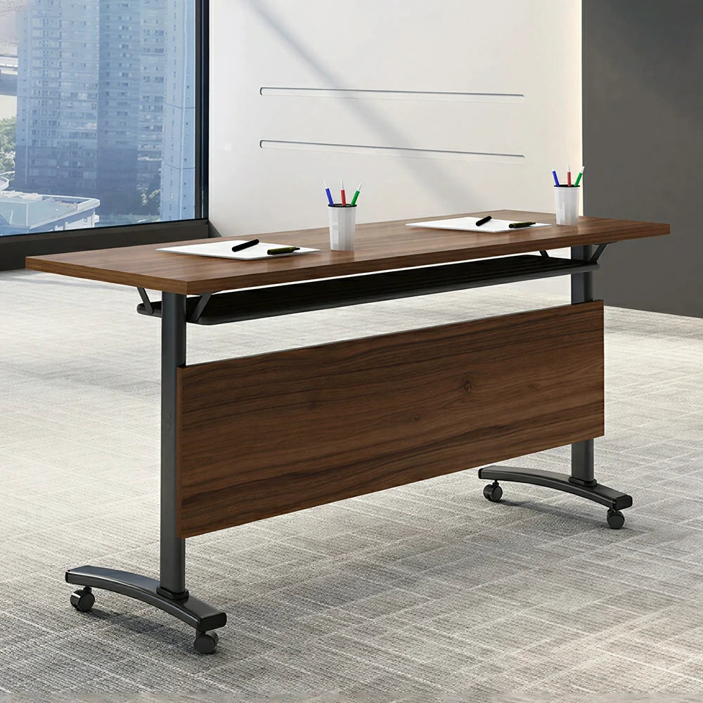 LIVARA 120/140/160cm Foldable Training Table with Castor Wheels & Modesty Panel for Meeting Rooms - Walnut & Black