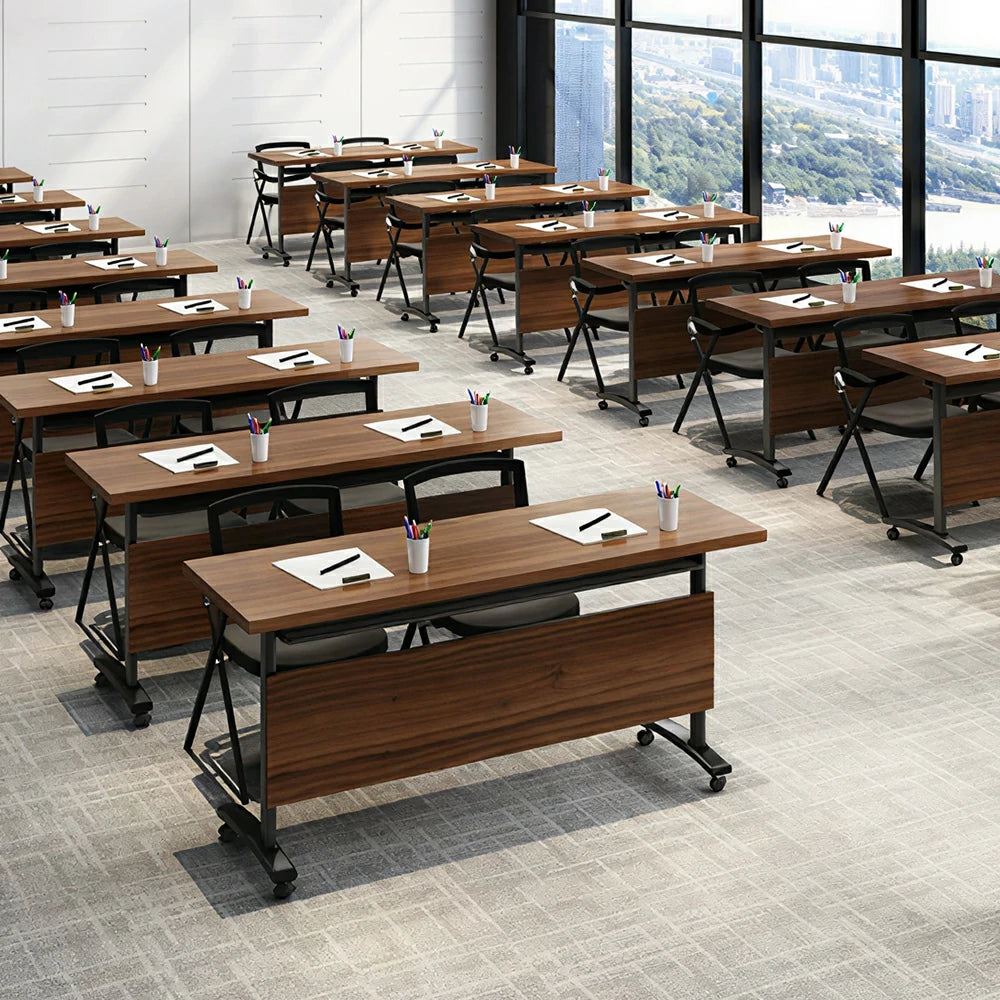 LIVARA 120/140/160cm Foldable Training Table with Castor Wheels & Modesty Panel for Meeting Rooms - Walnut & Black