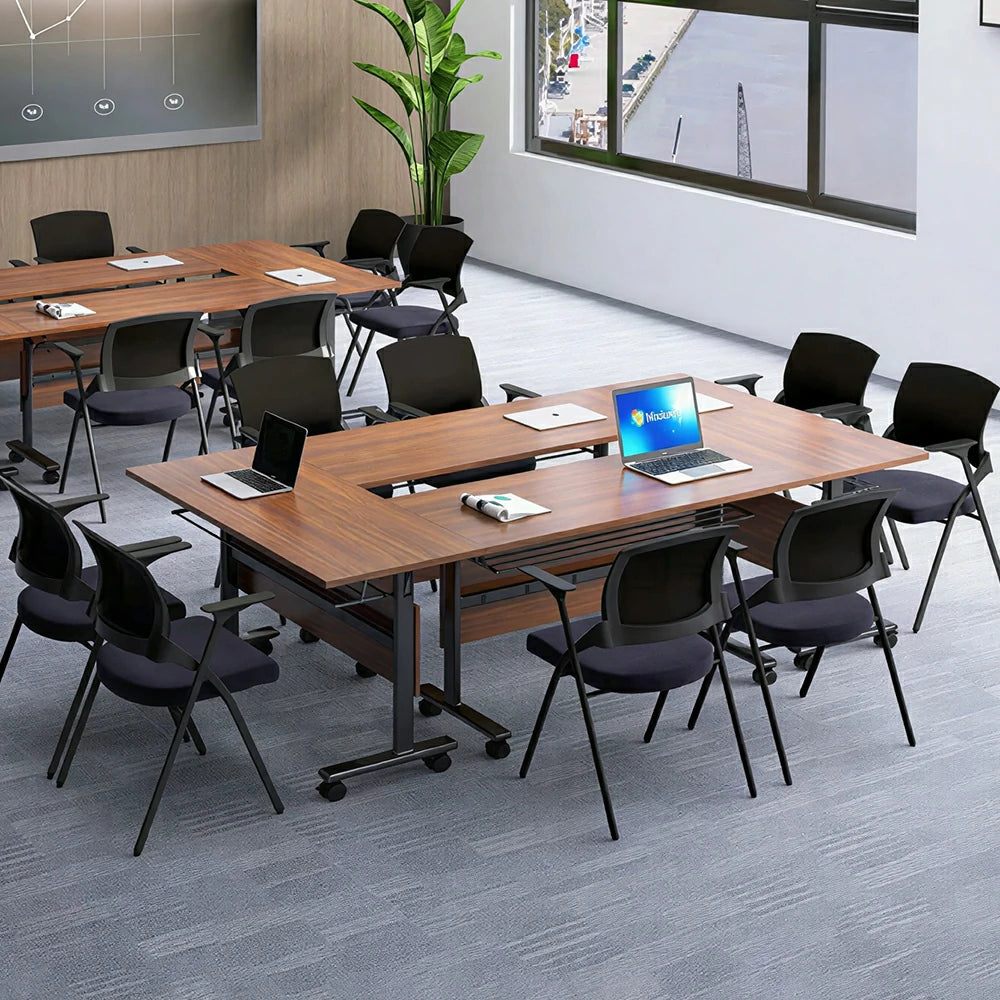 LIVARA 120/140/160cm Foldable Training Table with Castor Wheels & Modesty Panel for Meeting Rooms - Walnut & Black