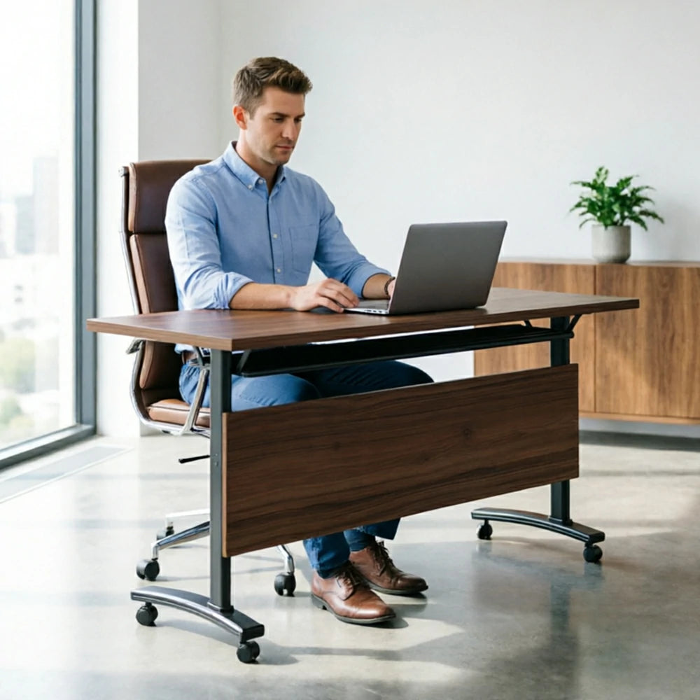 LIVARA 120/140/160cm Foldable Training Table with Castor Wheels & Modesty Panel for Meeting Rooms - Walnut & Black