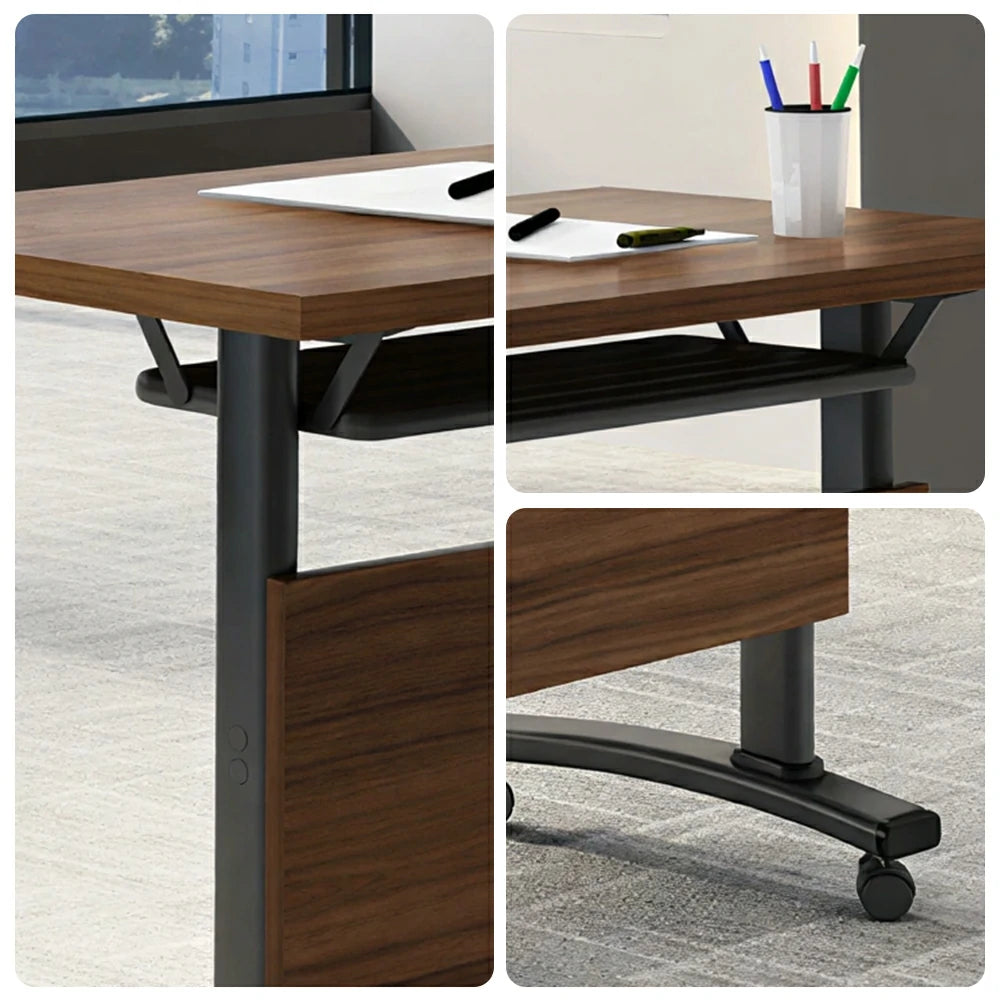 LIVARA 120/140/160cm Foldable Training Table with Castor Wheels & Modesty Panel for Meeting Rooms - Walnut & Black