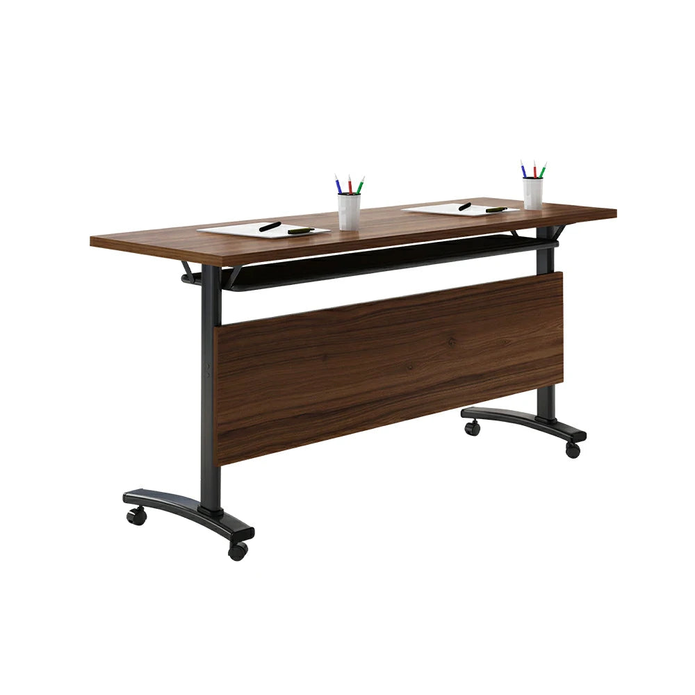 LIVARA 120/140/160cm Foldable Training Table with Castor Wheels & Modesty Panel for Meeting Rooms - Walnut & Black