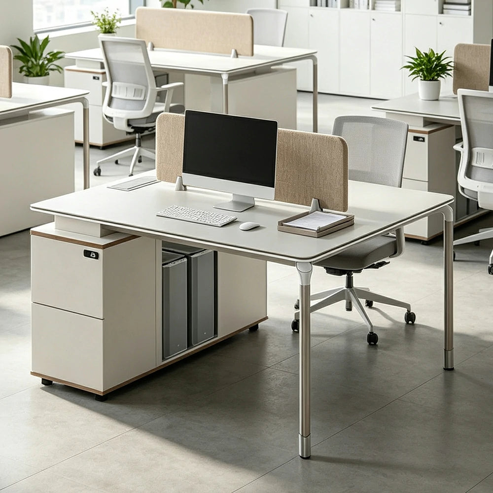 LIVARA 120/140cm 2 Person Office Workstation with Privacy Screen, Lockable Storage Drawers & Steel Frame - White & Beige