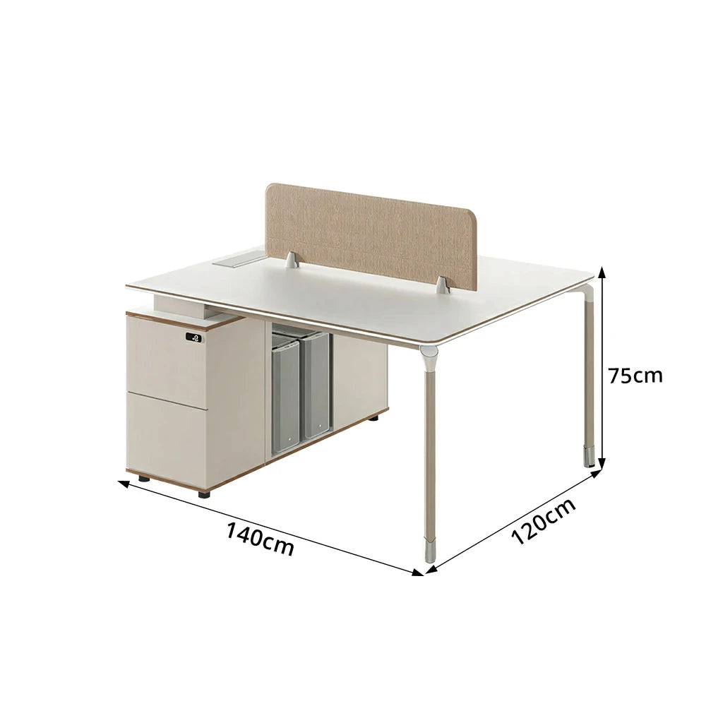 LIVARA 120/140cm 2 Person Office Workstation with Privacy Screen, Lockable Storage Drawers & Steel Frame - White & Beige