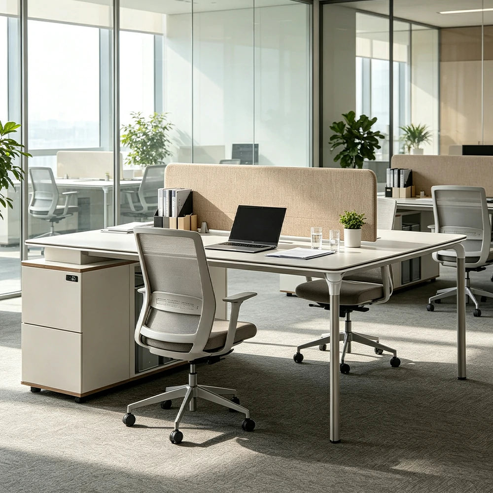 LIVARA 120/140cm 2 Person Office Workstation with Privacy Screen, Lockable Storage Drawers & Steel Frame - White & Beige