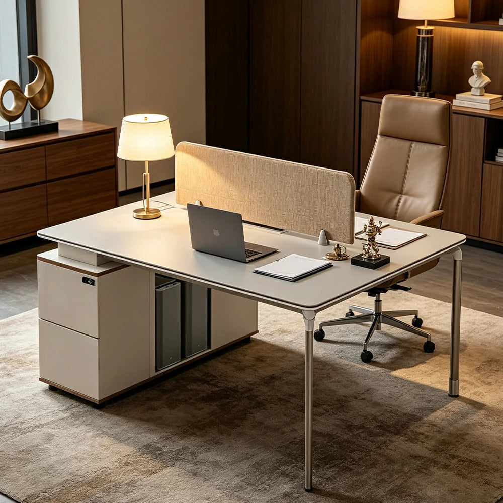 LIVARA 120/140cm 2 Person Office Workstation with Privacy Screen, Lockable Storage Drawers & Steel Frame - White & Beige