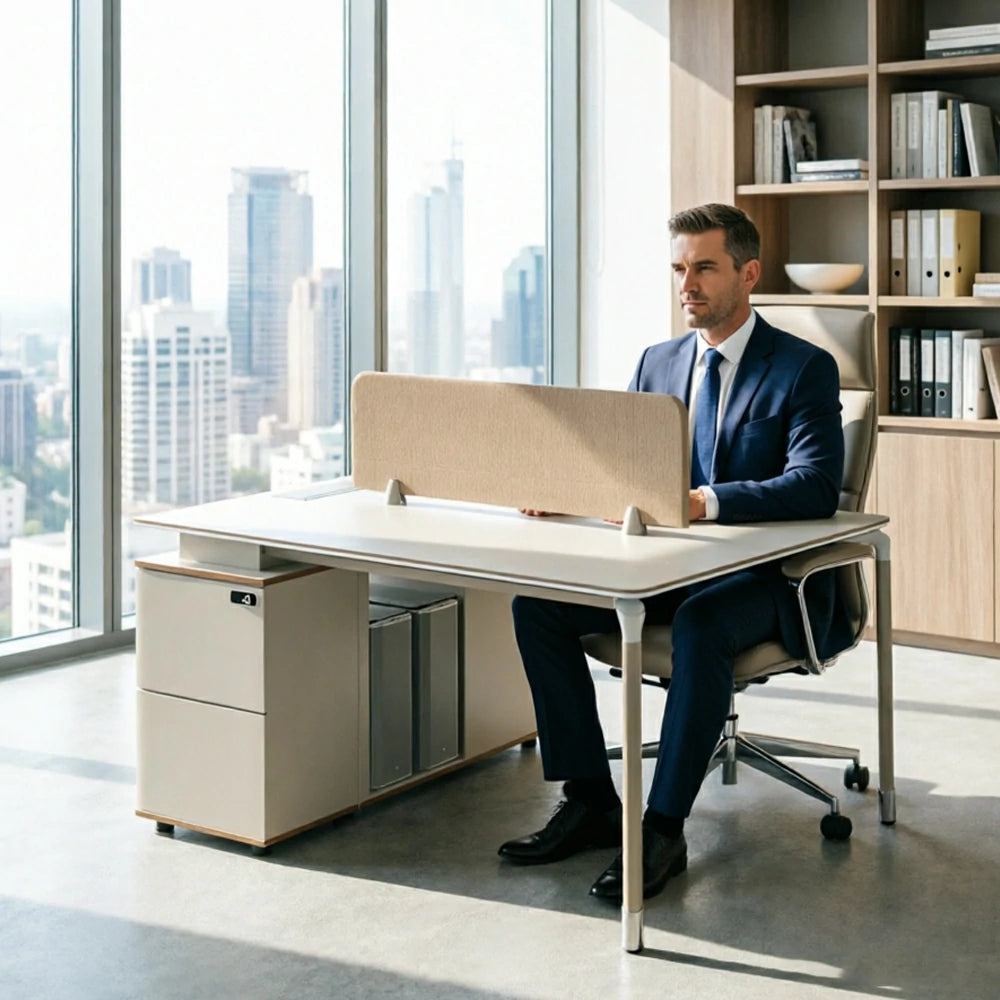LIVARA 120/140cm 2 Person Office Workstation with Privacy Screen, Lockable Storage Drawers & Steel Frame - White & Beige