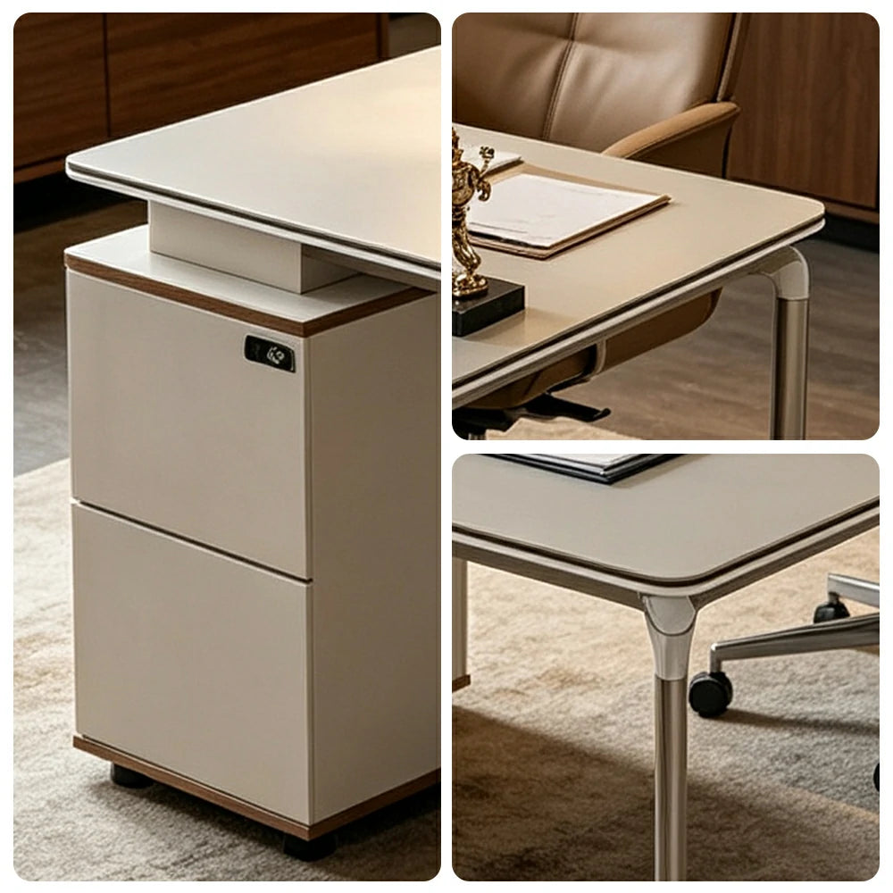 LIVARA 120/140cm 2 Person Office Workstation with Privacy Screen, Lockable Storage Drawers & Steel Frame - White & Beige