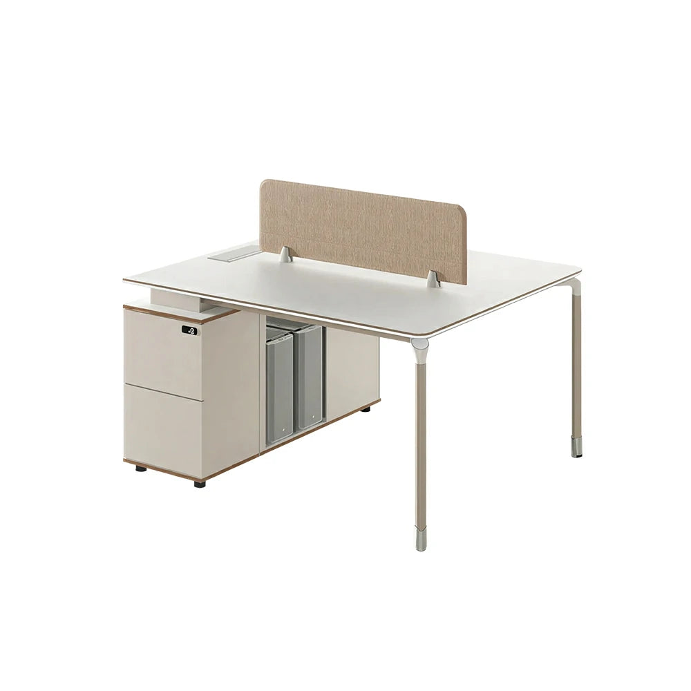 LIVARA 120/140cm 2 Person Office Workstation with Privacy Screen, Lockable Storage Drawers & Steel Frame - White & Beige