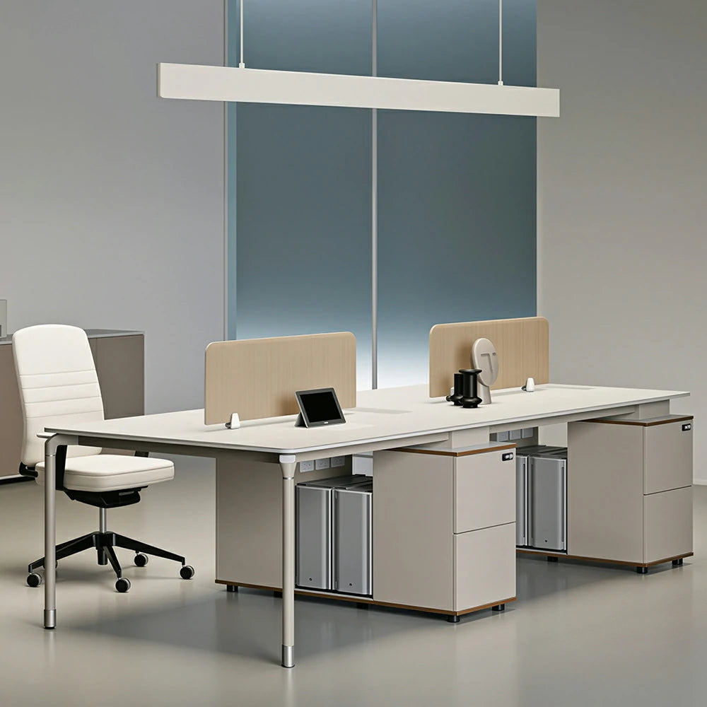 LIVARA 240/280cm 4 Person Office Workstation with Privacy Screens, Lockable Storage Drawers & Steel Frame - White & Beige