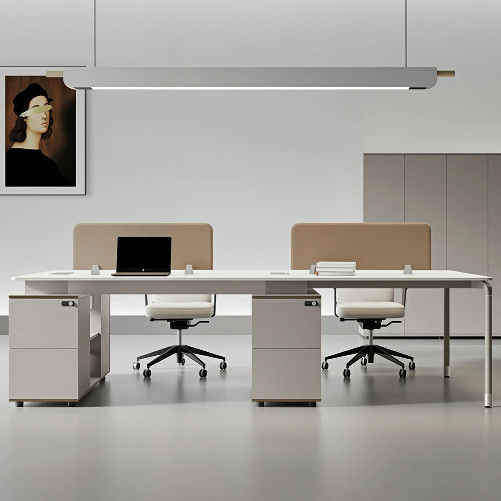 LIVARA 240/280cm 4 Person Office Workstation with Privacy Screens, Lockable Storage Drawers & Steel Frame - White & Beige