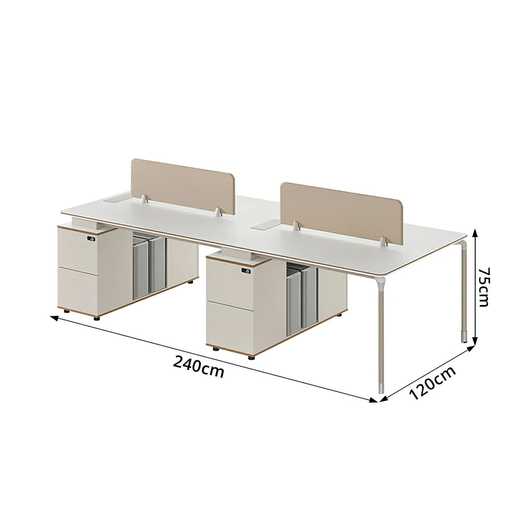 LIVARA 240/280cm 4 Person Office Workstation with Privacy Screens, Lockable Storage Drawers & Steel Frame - White & Beige