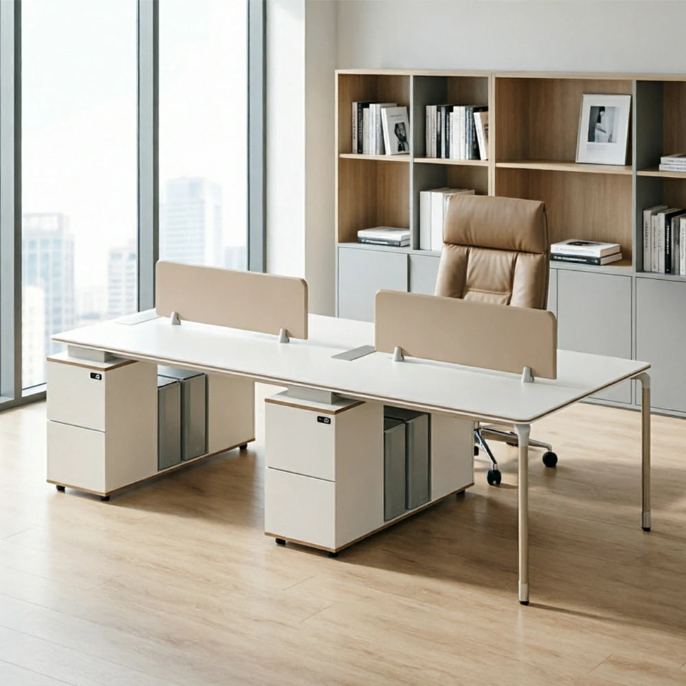 LIVARA 240/280cm 4 Person Office Workstation with Privacy Screens, Lockable Storage Drawers & Steel Frame - White & Beige