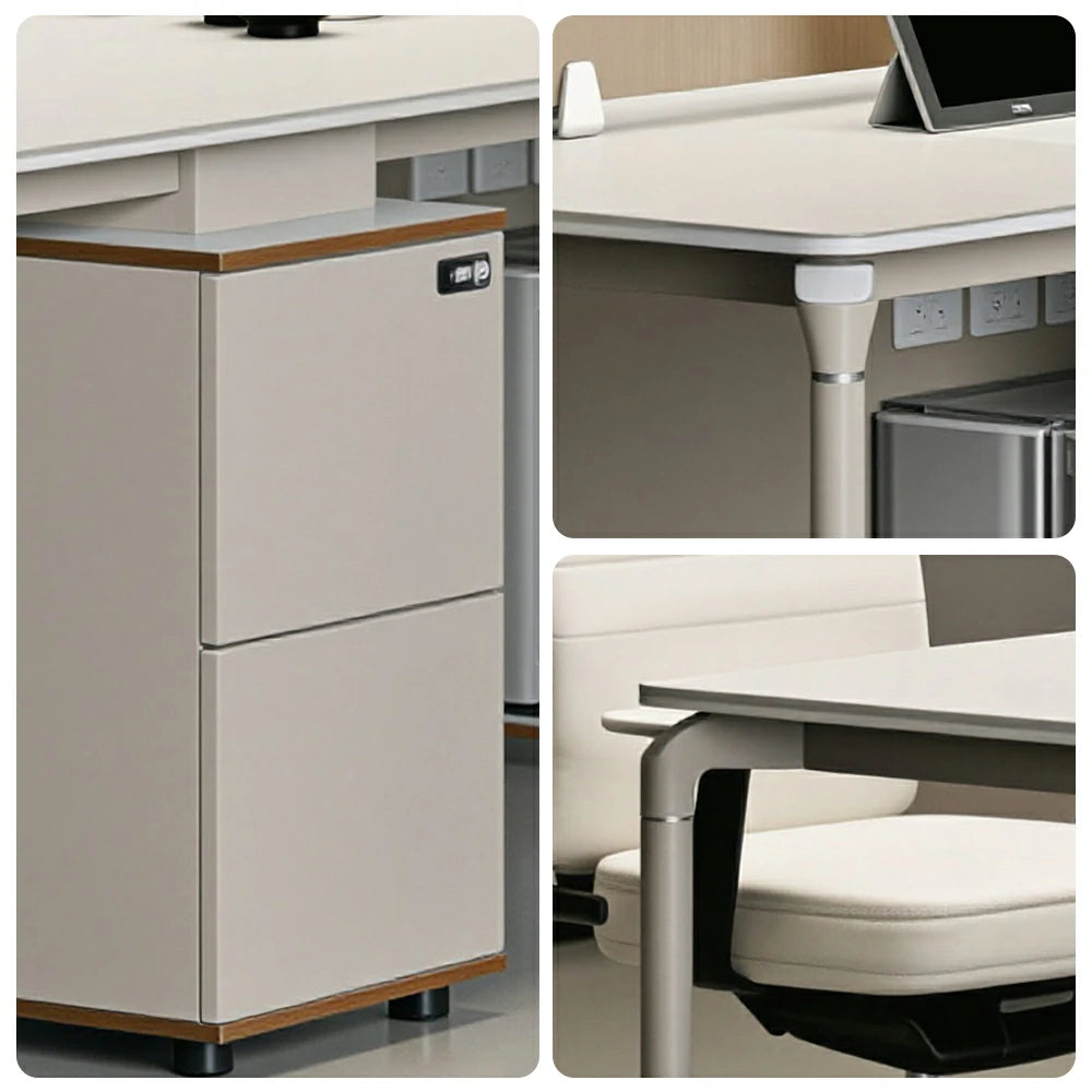 LIVARA 240/280cm 4 Person Office Workstation with Privacy Screens, Lockable Storage Drawers & Steel Frame - White & Beige