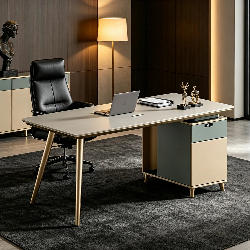 LIVARA 120/140cm Single Office Workstation with E0 Grade Desktop, Lockable Storage Cabinet & Cable Management - Beige & Green