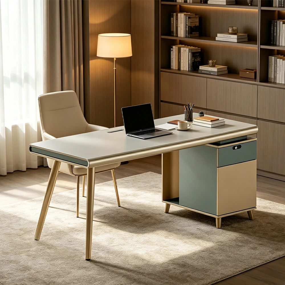 LIVARA 120/140cm Single Office Workstation with E0 Grade Desktop, Lockable Storage Cabinet & Cable Management - Beige & Green
