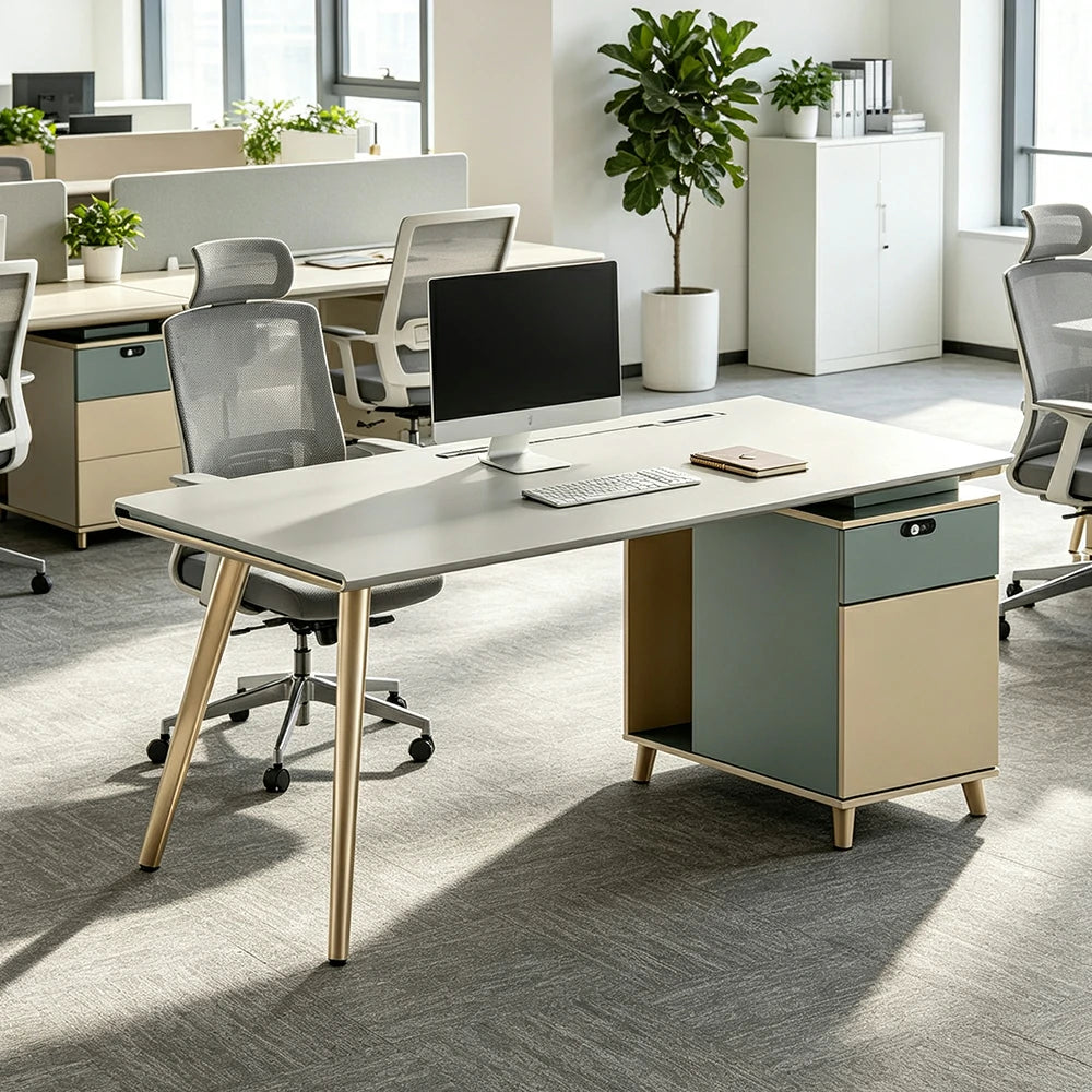 LIVARA 120/140cm Single Office Workstation with E0 Grade Desktop, Lockable Storage Cabinet & Cable Management - Beige & Green