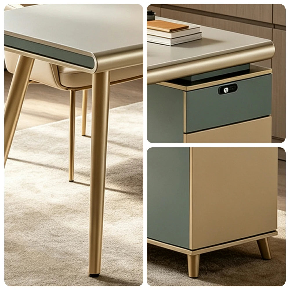 LIVARA 120/140cm Single Office Workstation with E0 Grade Desktop, Lockable Storage Cabinet & Cable Management - Beige & Green