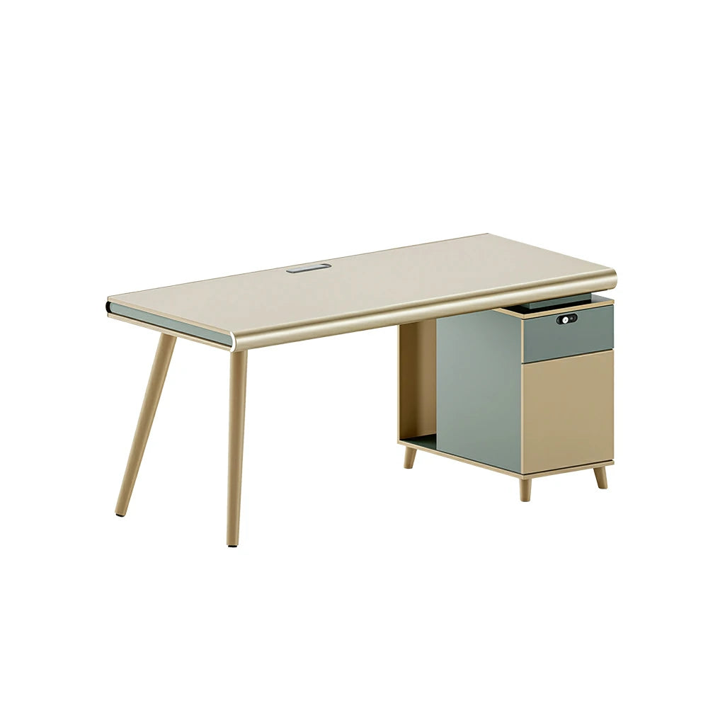 LIVARA 120/140cm Single Office Workstation with E0 Grade Desktop, Lockable Storage Cabinet & Cable Management - Beige & Green