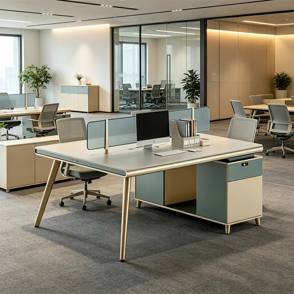 LIVARA 120/140cm 2 Person Office Workstation with E0 Grade Desktop, Privacy Screen & Lockable Storage Cabinet - Beige & Green