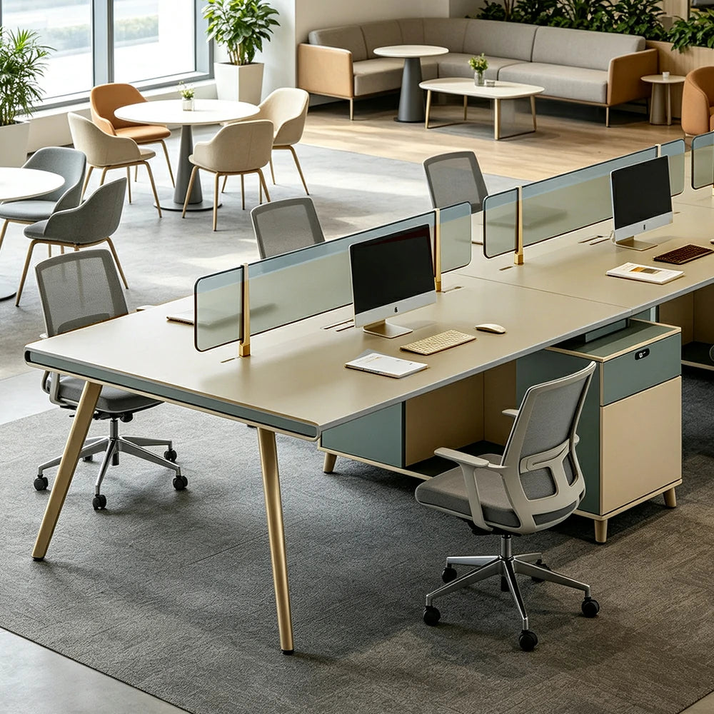 LIVARA 120/140cm 2 Person Office Workstation with E0 Grade Desktop, Privacy Screen & Lockable Storage Cabinet - Beige & Green