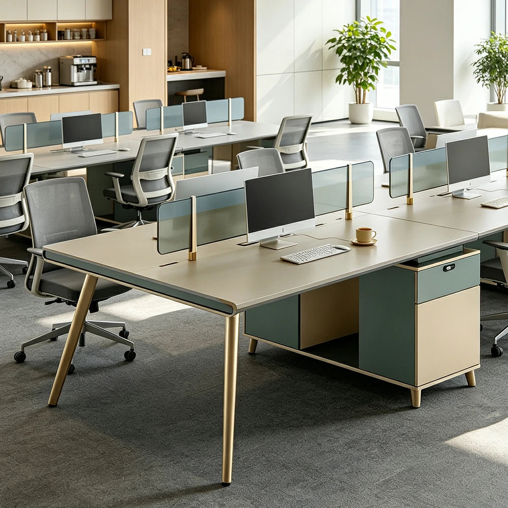 LIVARA 120/140cm 2 Person Office Workstation with E0 Grade Desktop, Privacy Screen & Lockable Storage Cabinet - Beige & Green