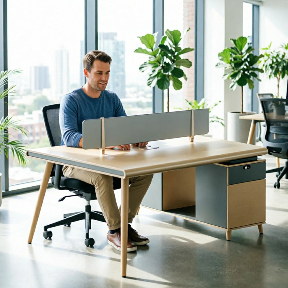 LIVARA 120/140cm 2 Person Office Workstation with E0 Grade Desktop, Privacy Screen & Lockable Storage Cabinet - Beige & Green